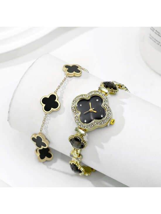 Women\'s Black Gold Lucky Clover Flower Design Four Leaf Bracelet Set Wrist Watch main image 5